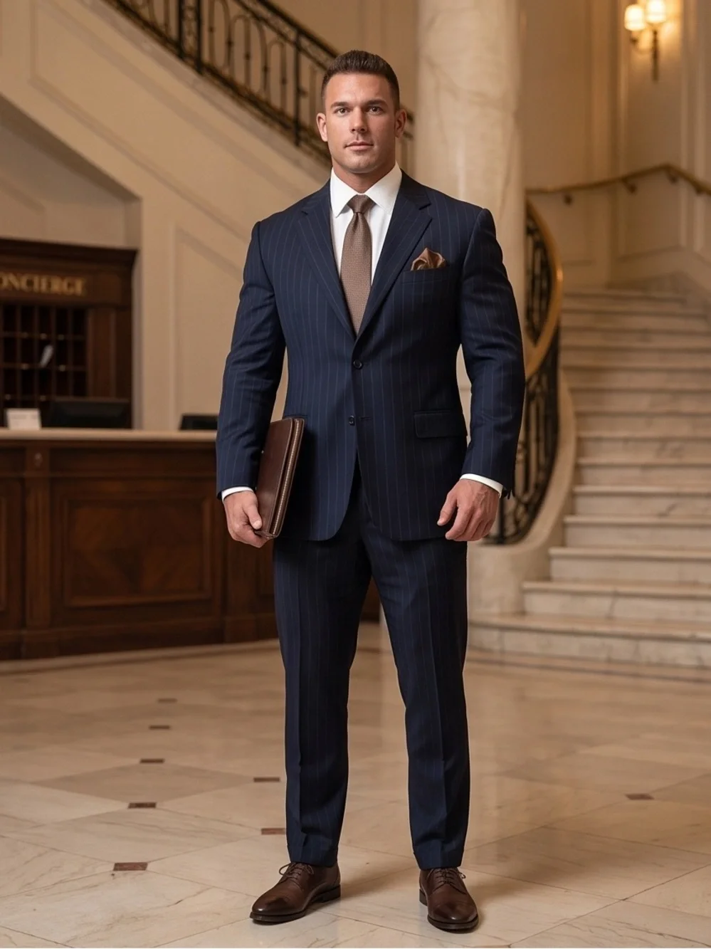 Men's Navy Pinstripe Two-Piece Suit with Brown Accessories